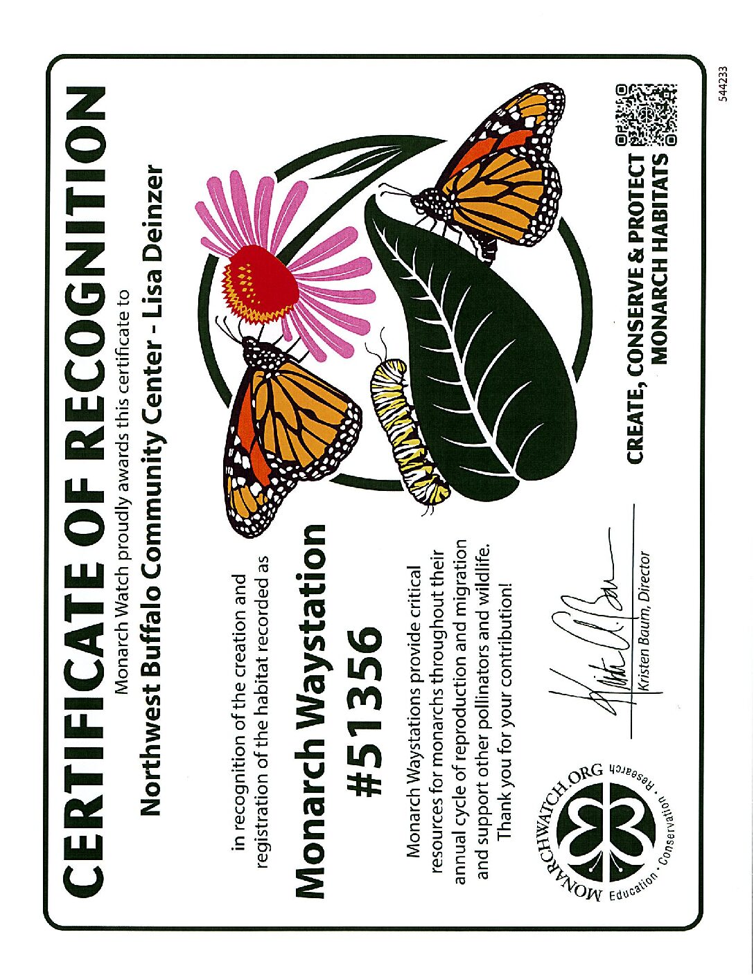NWBCC Monarch Waystation Certificate of Recognition from Monarch Watch
