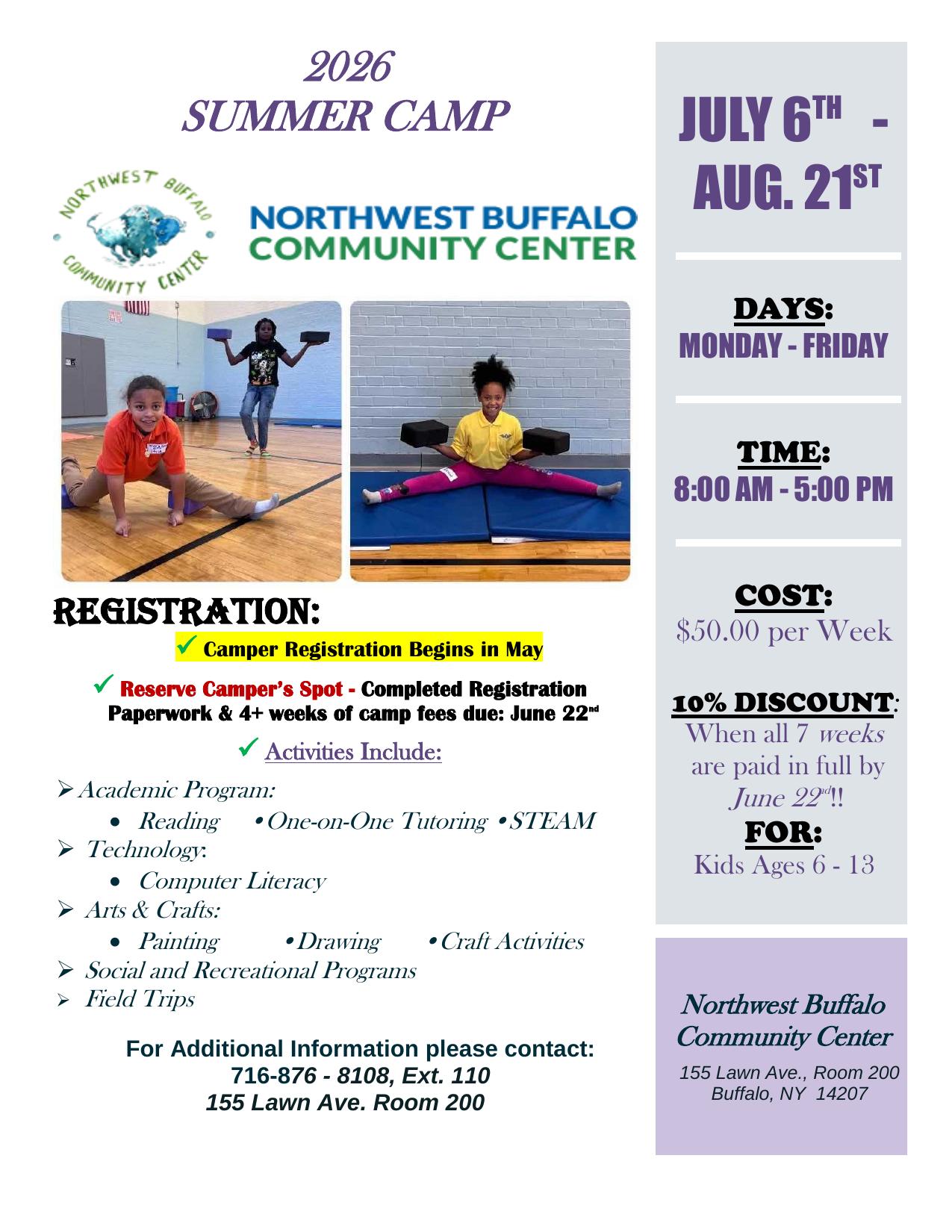 2026 NWBCC Summer Camp flyer - July 6 to Aug 21, ages 6-13, $50 per week